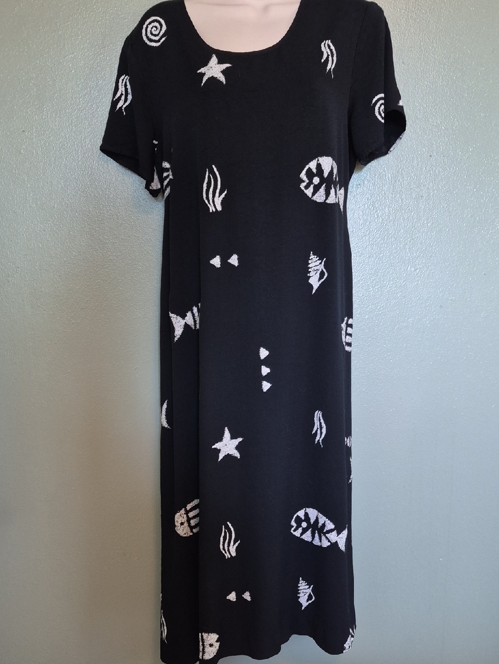 Tropical Black Dress Connie Choi Fish Tie Back XL Midi